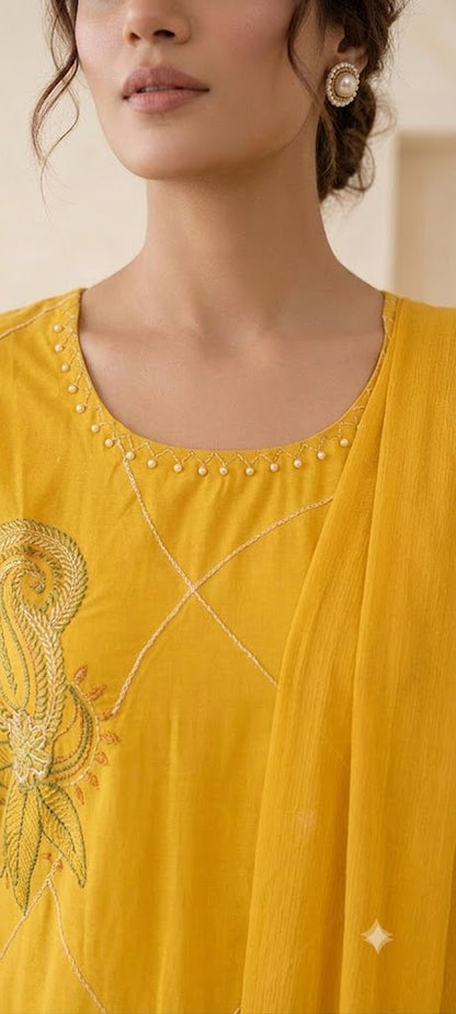 "Yellow Embroidered Cotton Kurta Set with Dupatta | Festive"