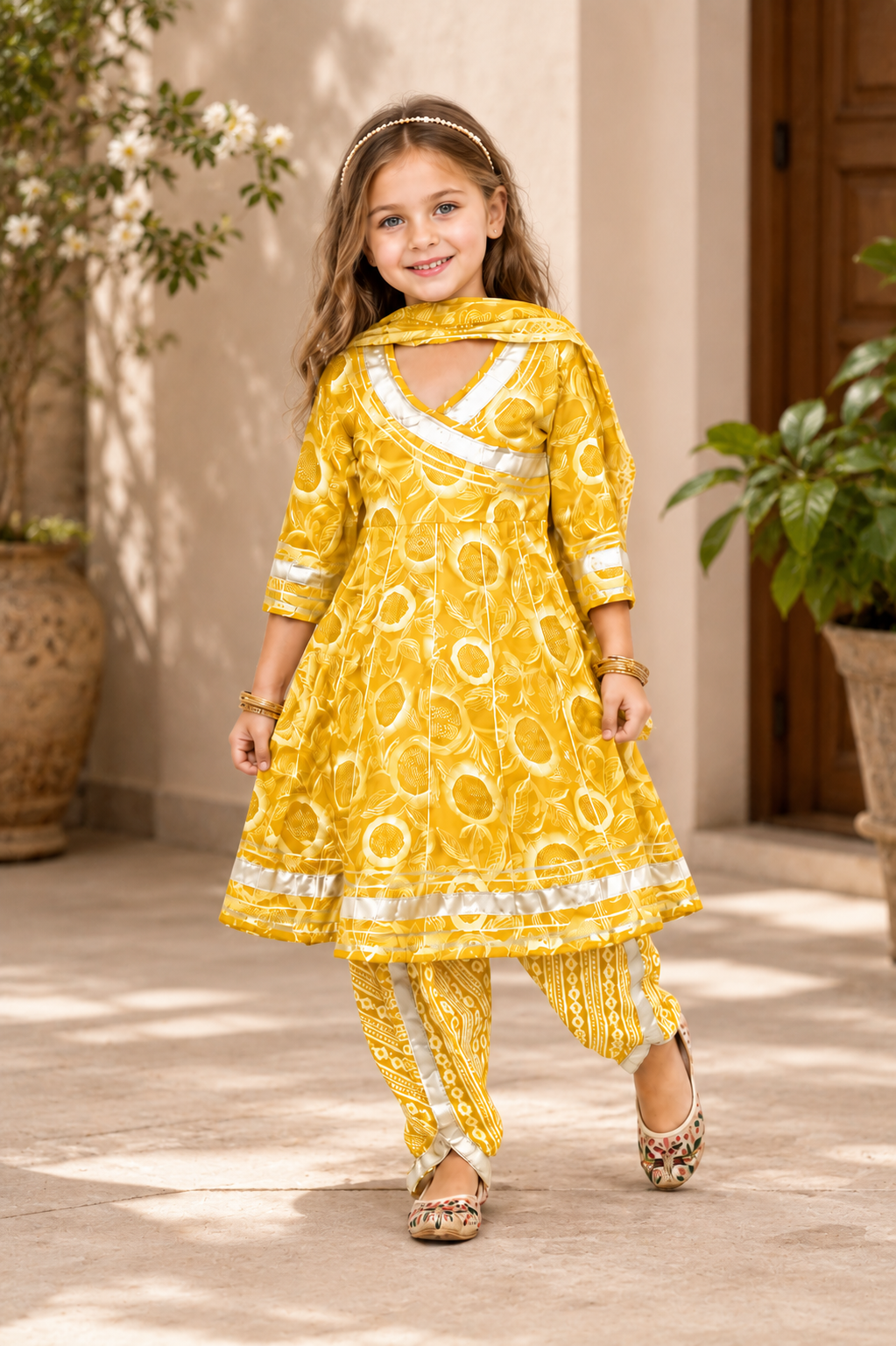 Girls Cotton Printed Kurti, Dhoti Pants & Dupatta Set