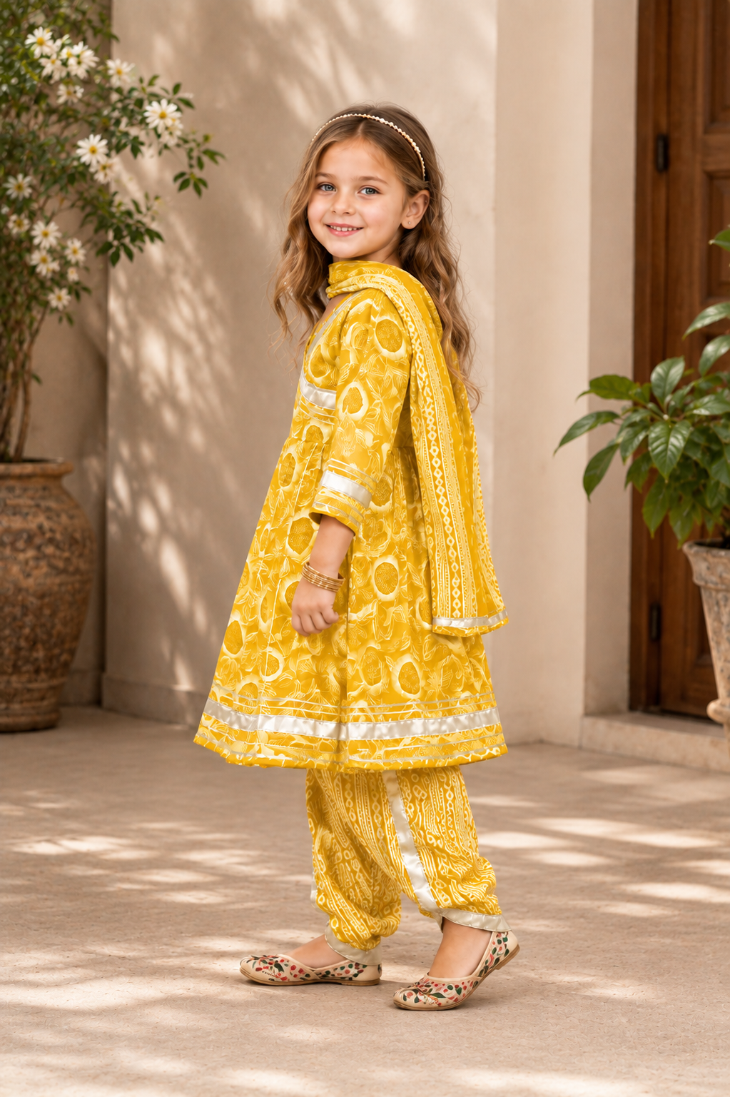 Girls Cotton Printed Kurti, Dhoti Pants & Dupatta Set