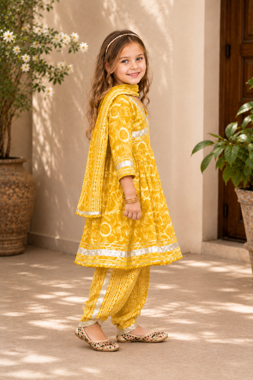 Girls Cotton Printed Kurti, Dhoti Pants & Dupatta Set
