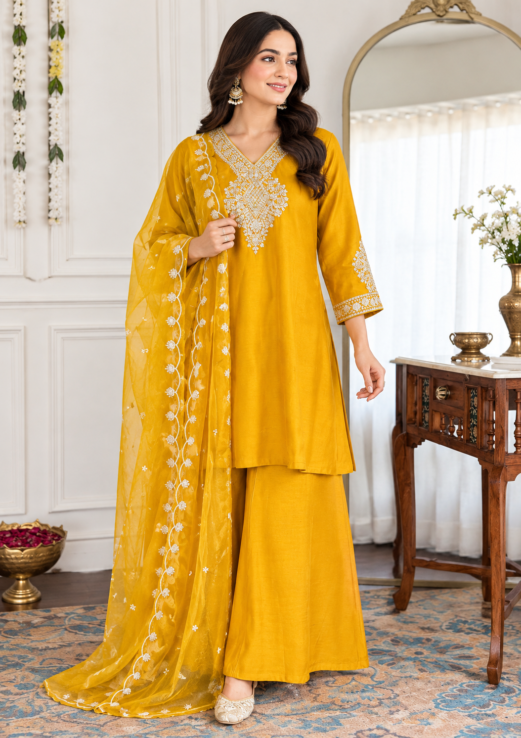 Mustard Roman Silk Charm – Zari Embroidered Divider Set