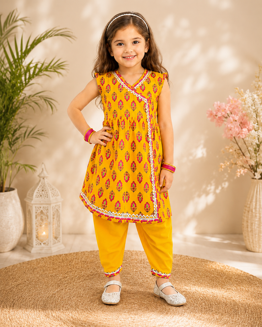 Girls Yellow Motif Print Cotton Angrakha Kurta with Dhoti Pants - Nakh Clothing