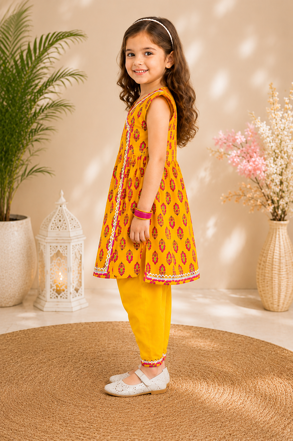 Girls Yellow Motif Print Cotton Angrakha Kurta with Dhoti Pants - Nakh Clothing