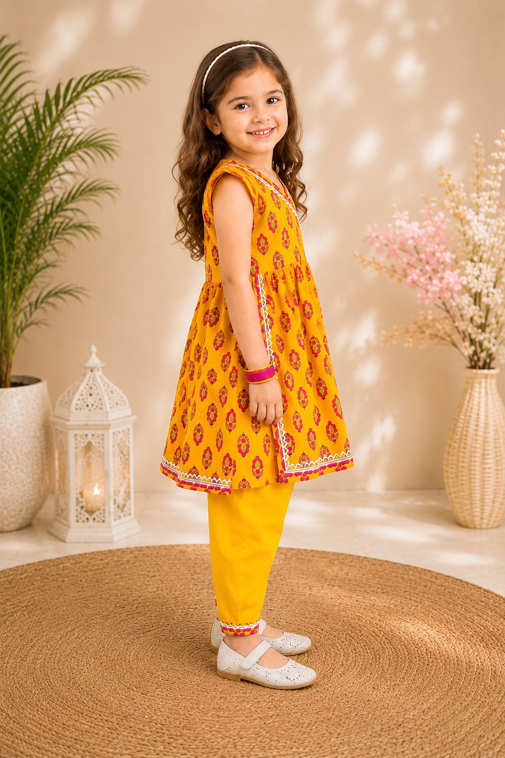 Girls Yellow Motif Print Cotton Angrakha Kurta with Dhoti Pants - Nakh Clothing