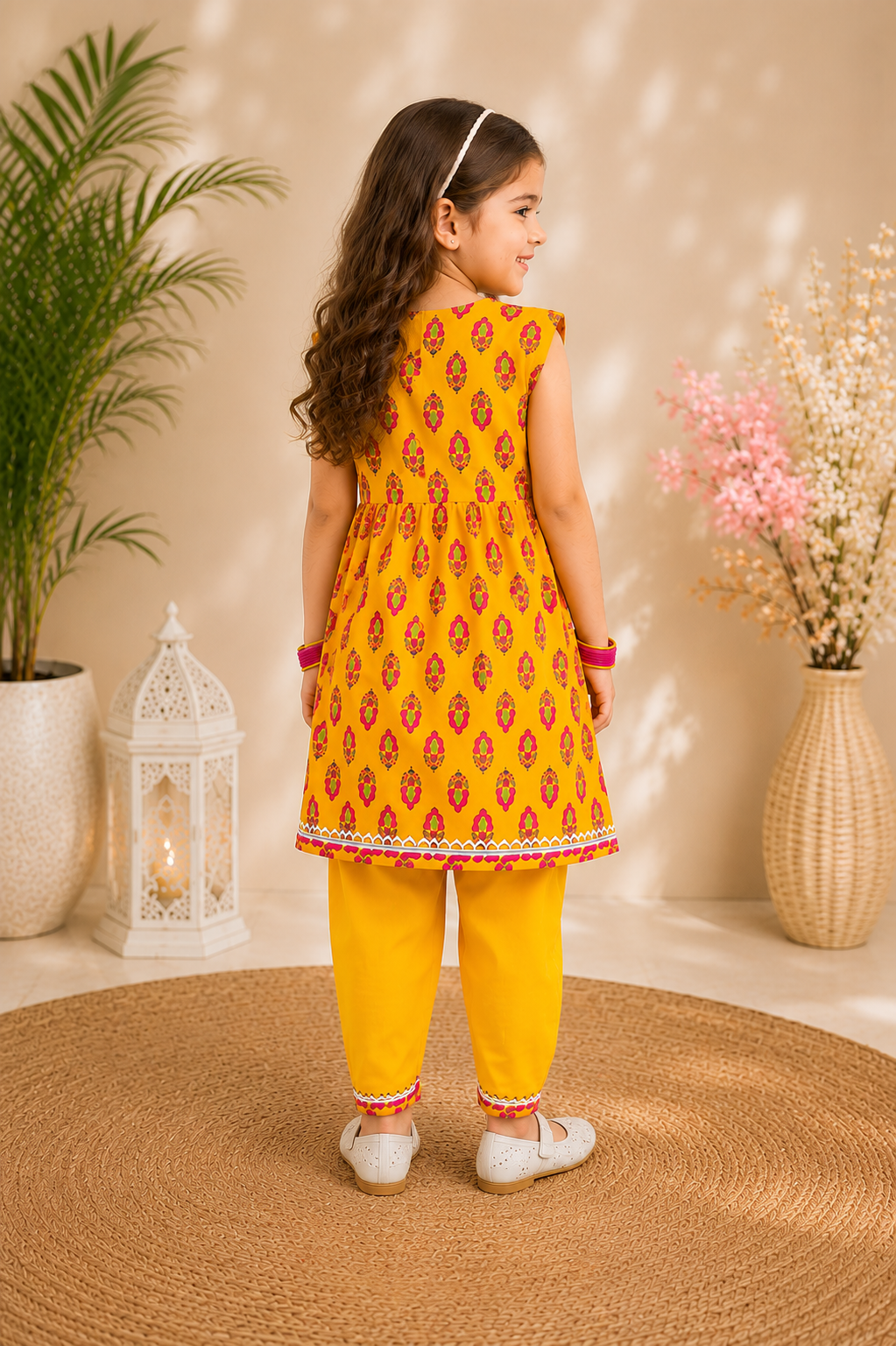 Girls Yellow Motif Print Cotton Angrakha Kurta with Dhoti Pants - Nakh Clothing