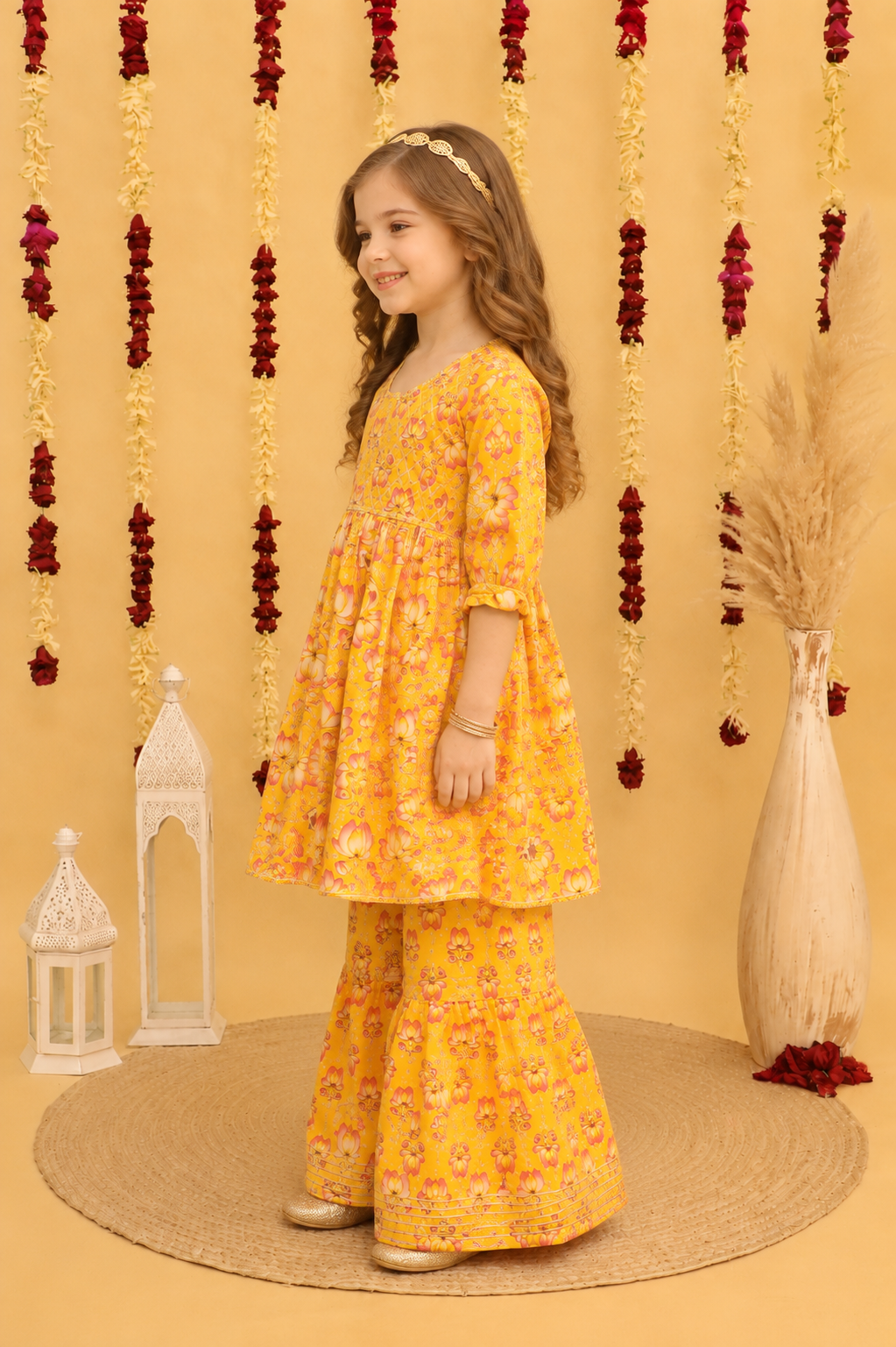 Girls Cotton Printed Peplum Sharara Suit Set - Nakh Clothing
