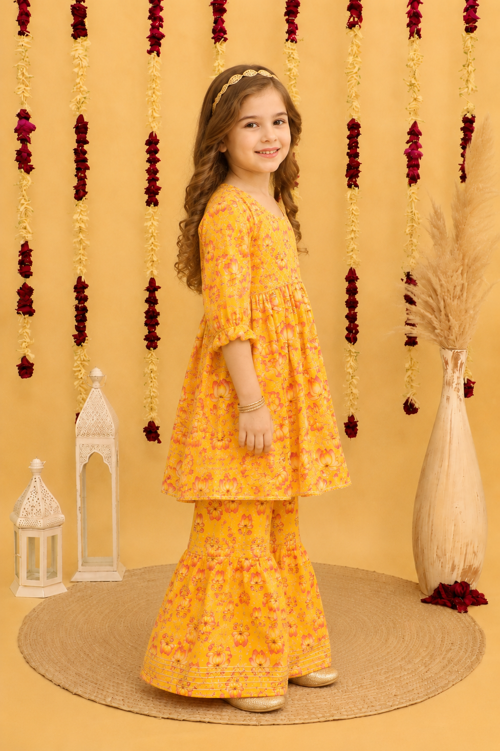 Girls Cotton Printed Peplum Sharara Suit Set - Nakh Clothing