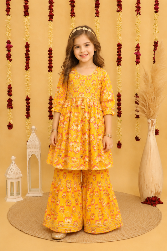 Girls Cotton Printed Peplum Sharara Suit Set
