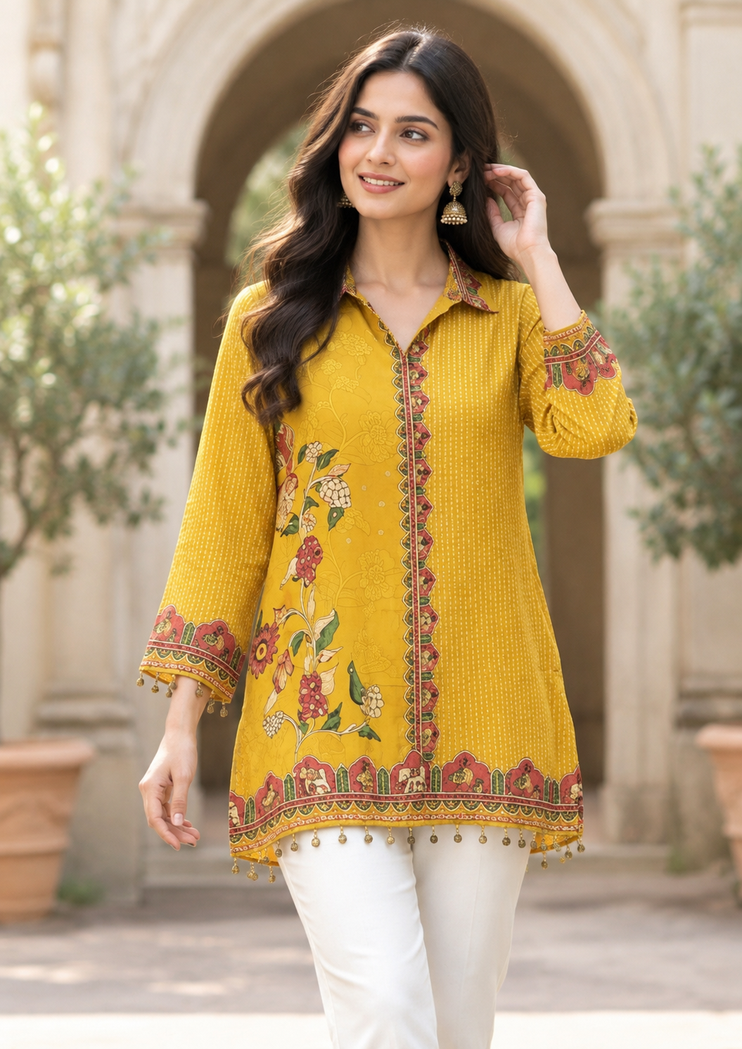Mustard Floral Border Crepe Shirt Tunic