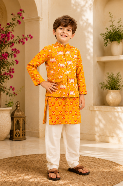 Boys Cotton Block Print Kurta Jacket Set – Yellow & Green - Nakh Clothing
