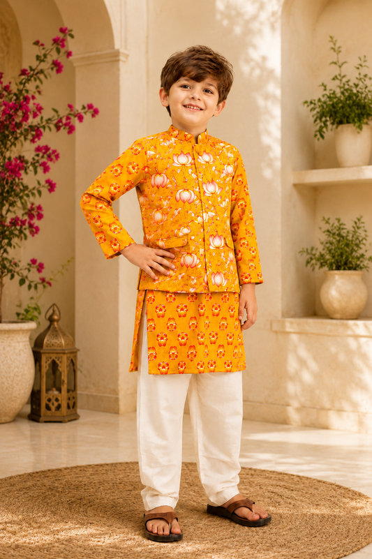 Boys Cotton Block Print Kurta Jacket Set – Yellow & Green