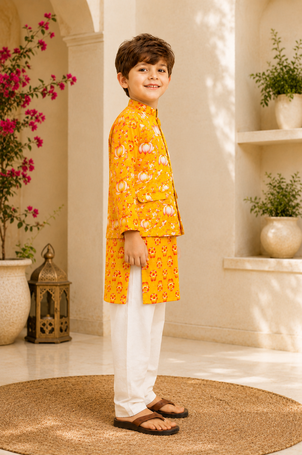 Boys Cotton Block Print Kurta Jacket Set – Yellow & Green - Nakh Clothing