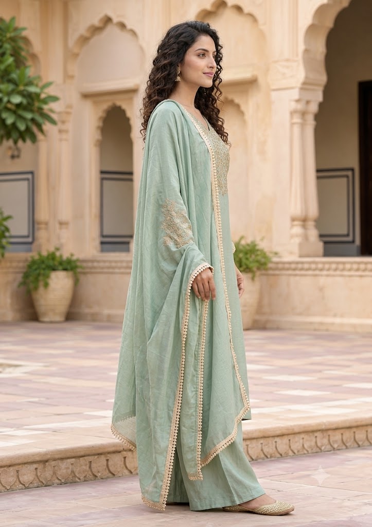 Sage Green Roman Glass Suit with Handwork Embroidery – 3PC Set
