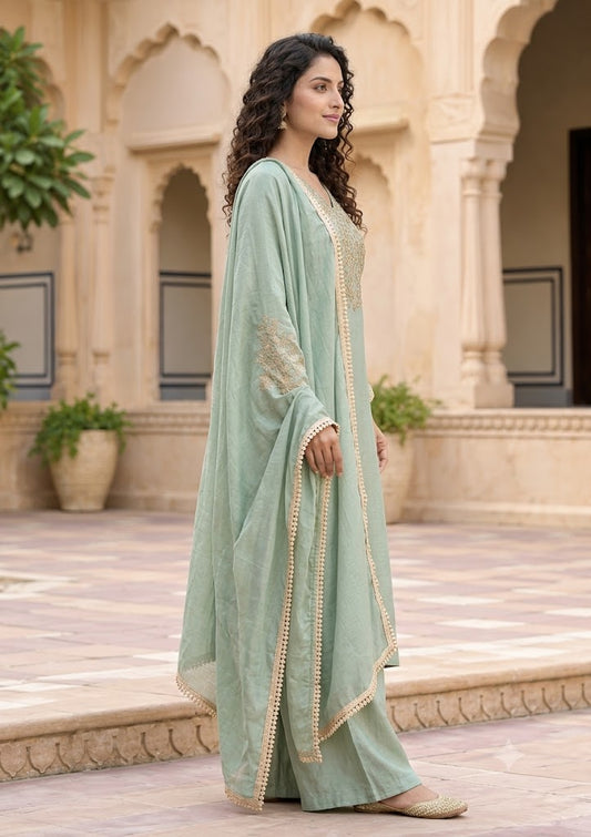 Sage Green Roman Glass Suit with Handwork Embroidery – 3PC Set - Nakh Clothing