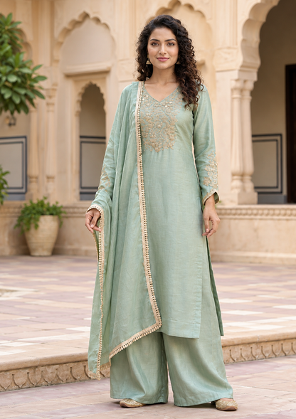 Sage Green Roman Glass Suit with Handwork Embroidery – 3PC Set