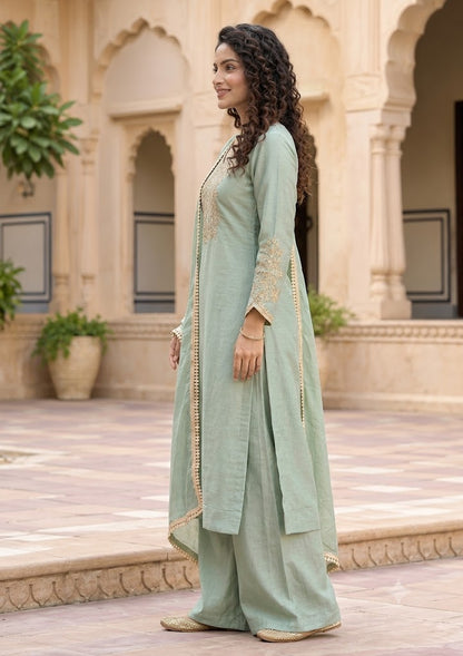 Sage Green Roman Glass Suit with Handwork Embroidery – 3PC Set