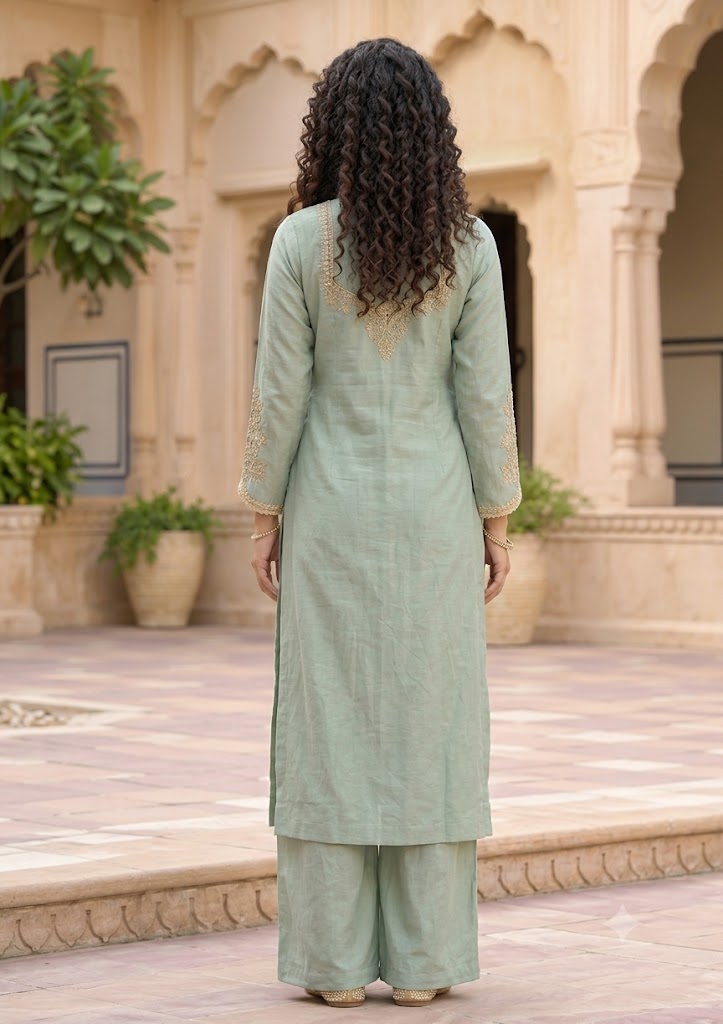 Sage Green Roman Glass Suit with Handwork Embroidery – 3PC Set