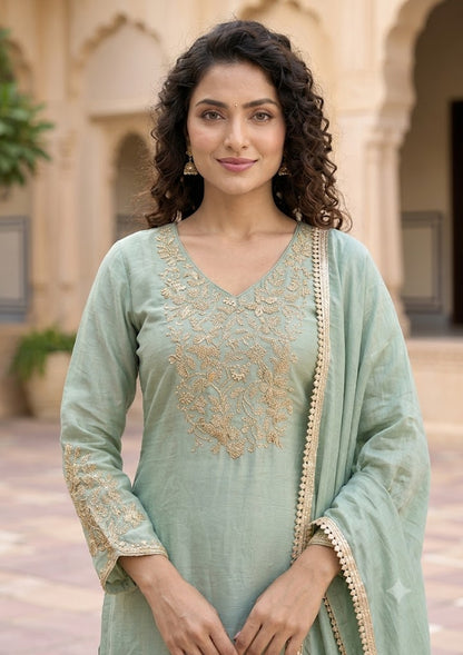 Sage Green Roman Glass Suit with Handwork Embroidery – 3PC Set