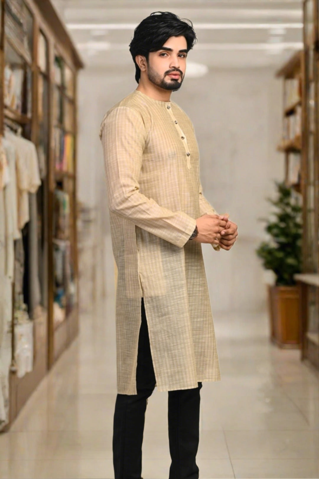 Men Textured Straight Golden Kurta