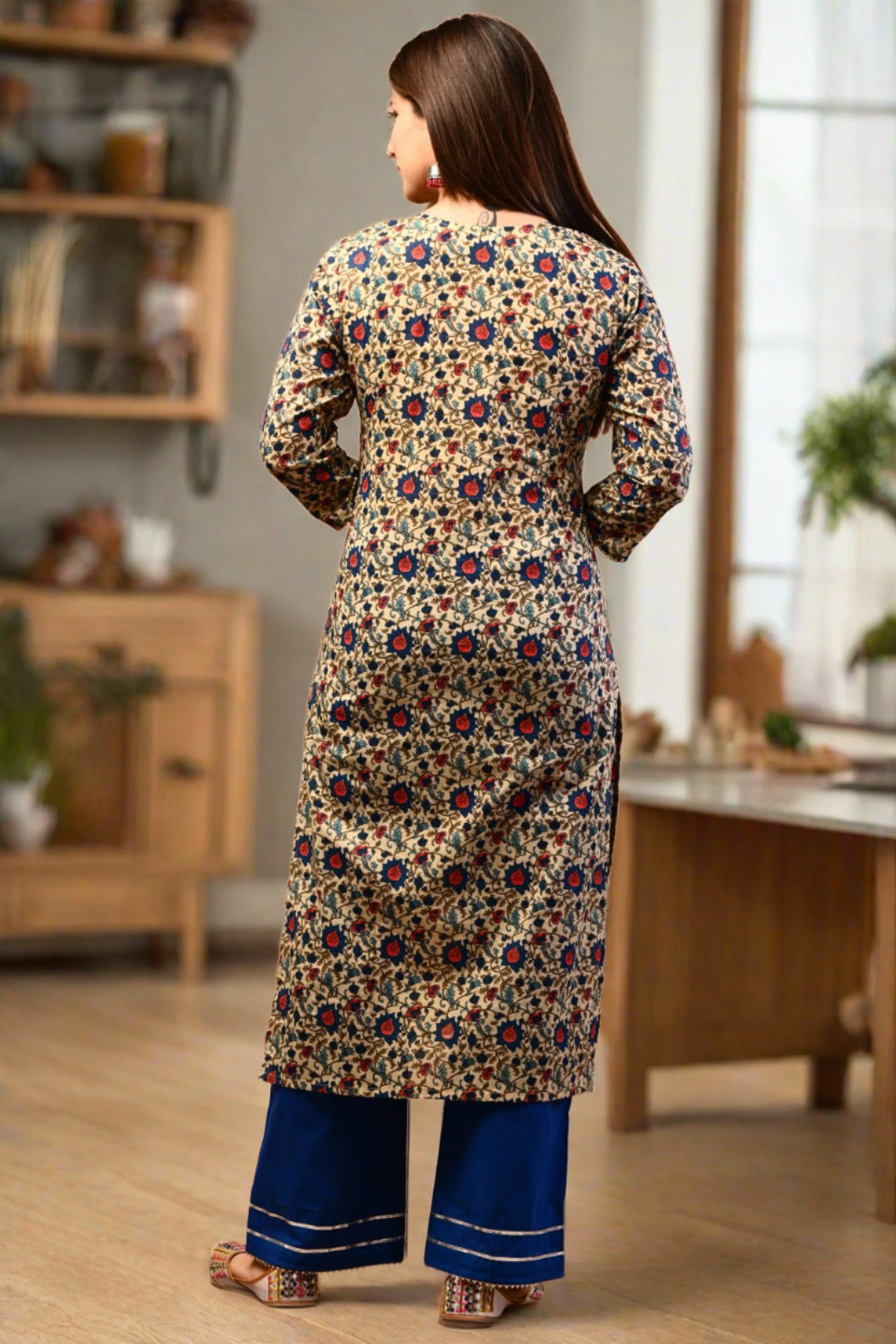 BLUE FLORAL HANDBLOCK PRINT COTTON SUIT SET  (SET OF 2)