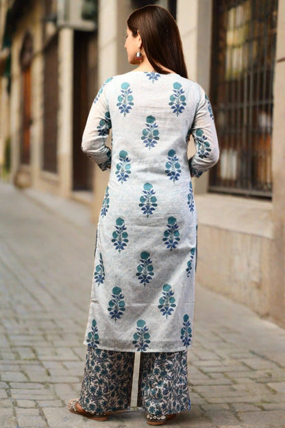 Gorgeous White Blue Printed Cotton Suit Set