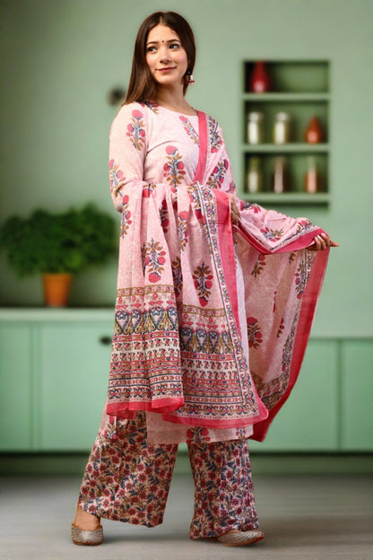 Gorgeous White Pink Printed Cotton Suit Set