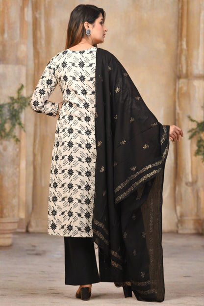 Women Cotton Printed Straight Stitched Suit And Palazzo Set (White & Black)