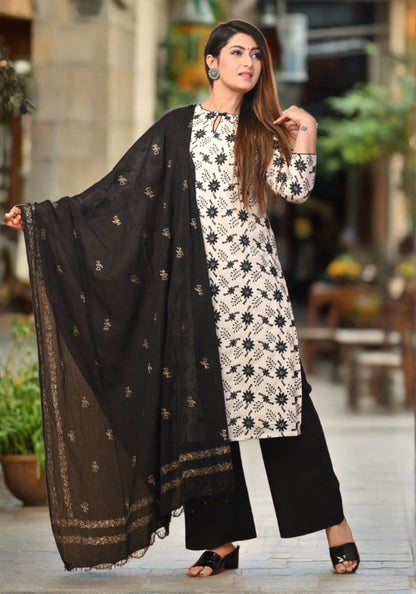 Women Cotton Printed Straight Stitched Suit And Palazzo Set (White & Black)