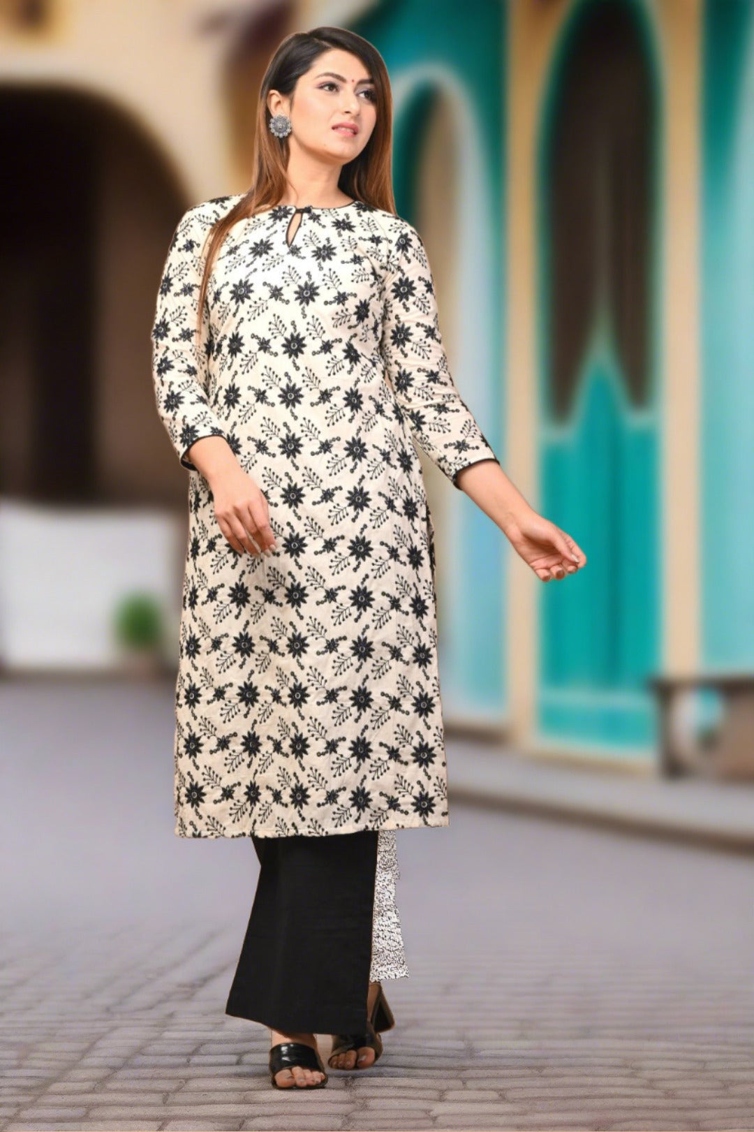 Women Cotton Printed Straight Stitched Suit And Palazzo Set (White & Black)