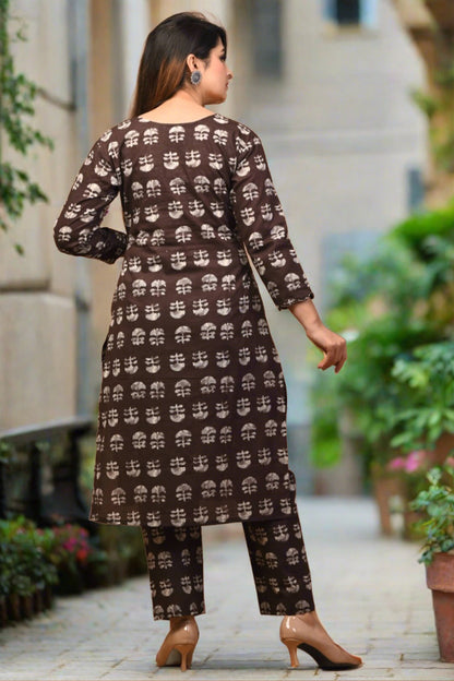 Brown Cotton Floral Print Kurta Set