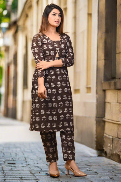 Brown Cotton Floral Print Kurta Set