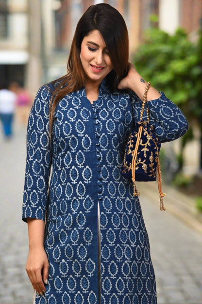 Blue Printed Cotton Suit Set