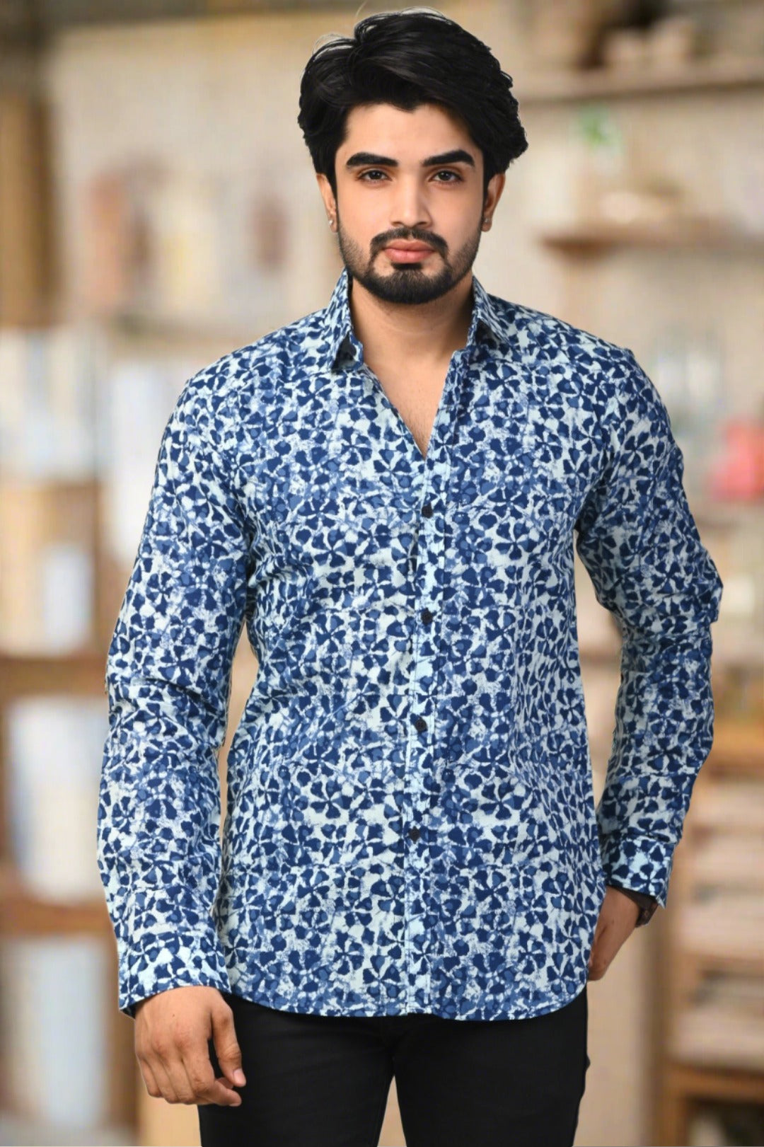 Blue Block Printed Cotton Full Sleeve Shirt