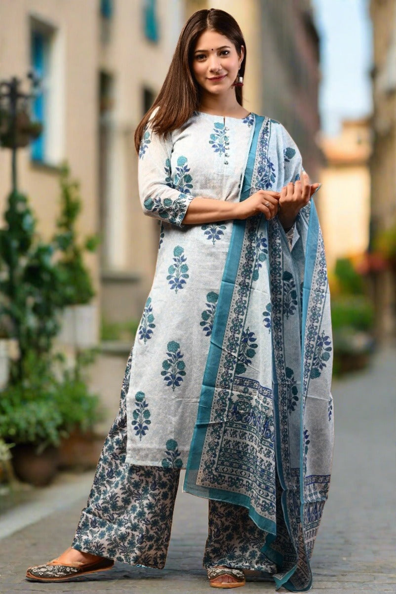 Gorgeous White Blue Printed Cotton Suit Set