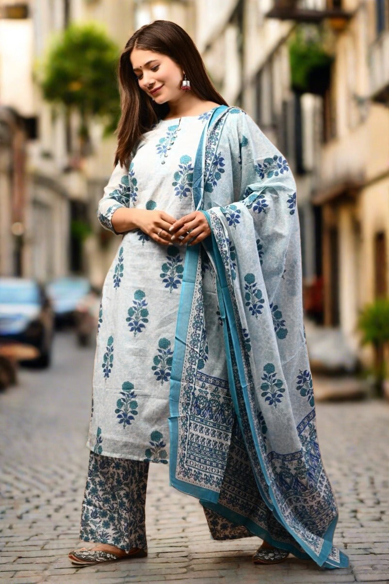 Gorgeous White Blue Printed Cotton Suit Set