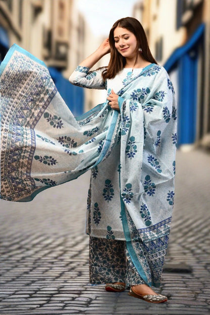 Gorgeous White Blue Printed Cotton Suit Set