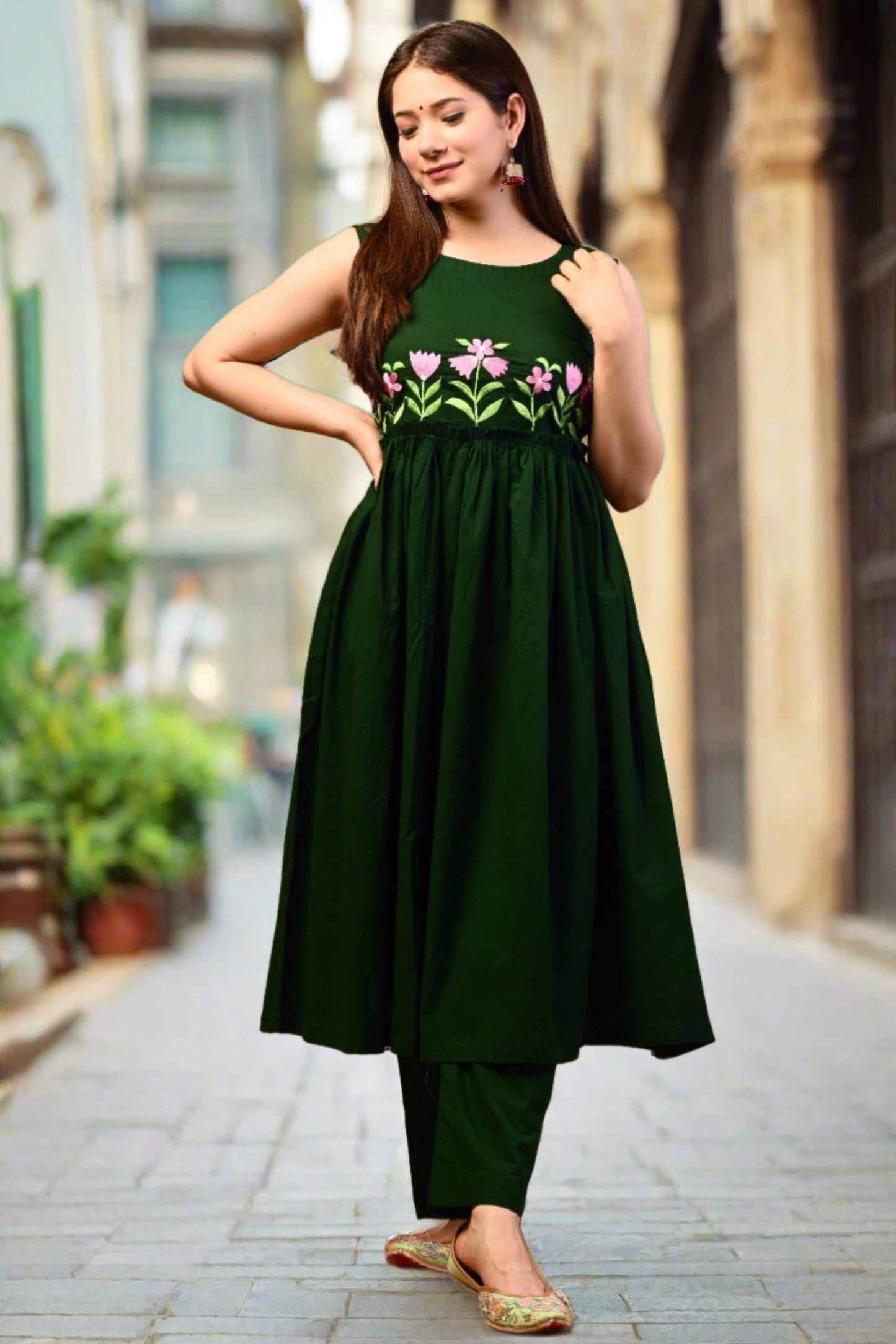 Women Green Anarkali Embroidered Kurta and Pant Set