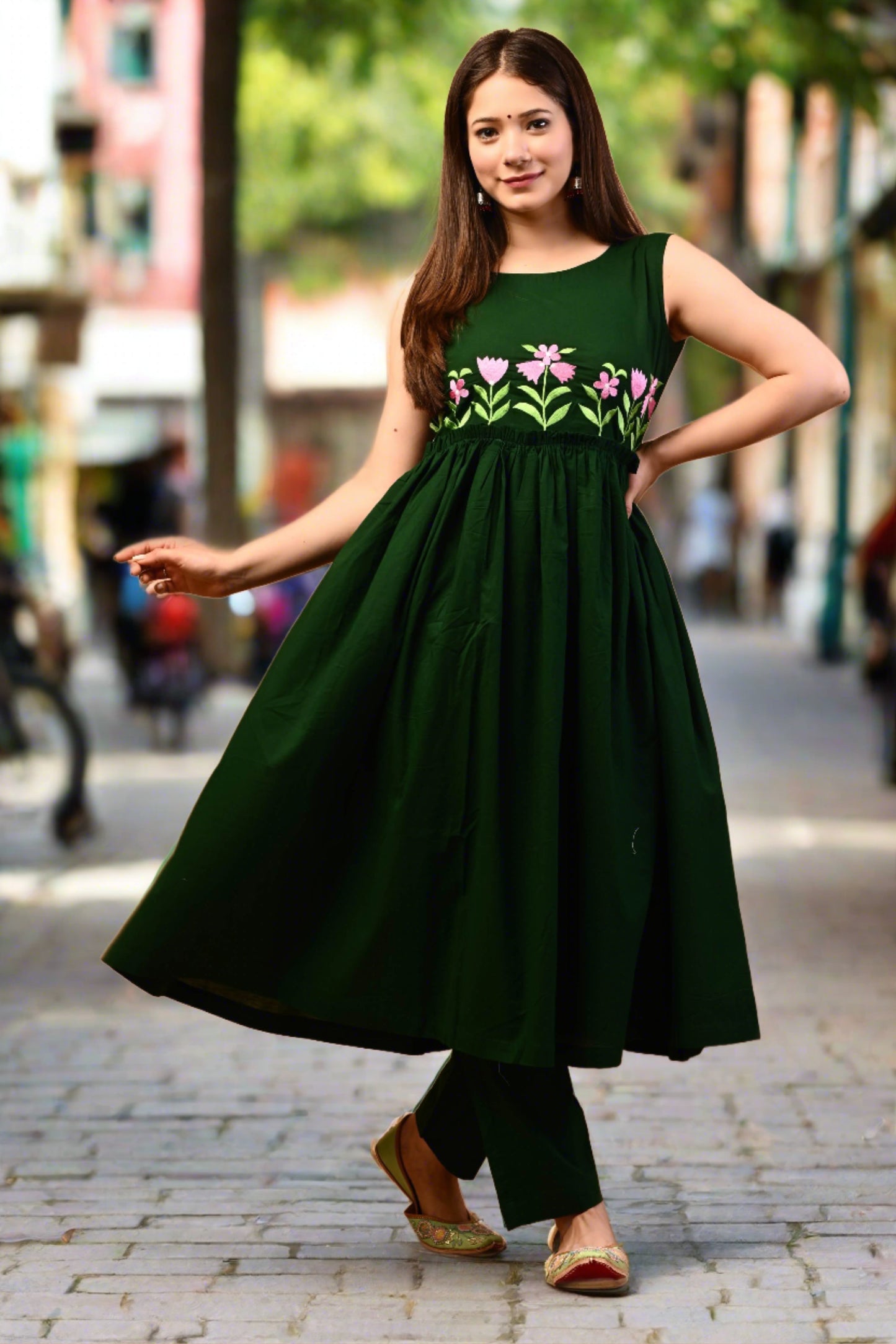 Women Green Anarkali Embroidered Kurta and Pant Set