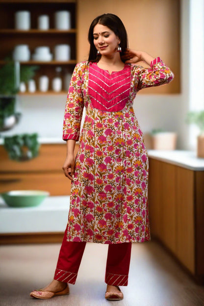 Blooming Pink Floral Handblock Suit Set