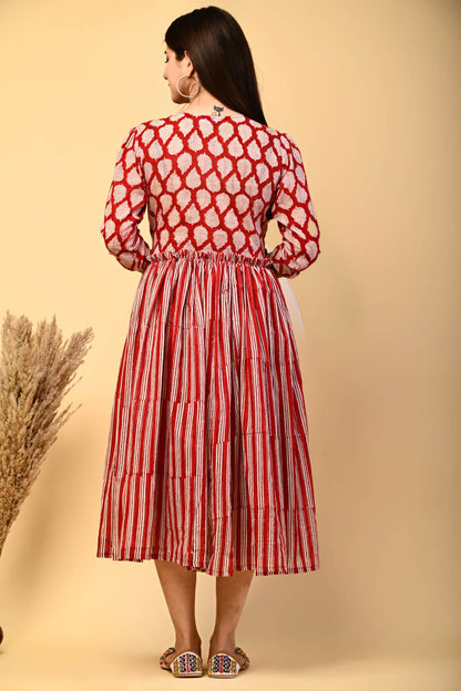 Red Cotton Hand Block Print Dress - Nakh Clothing