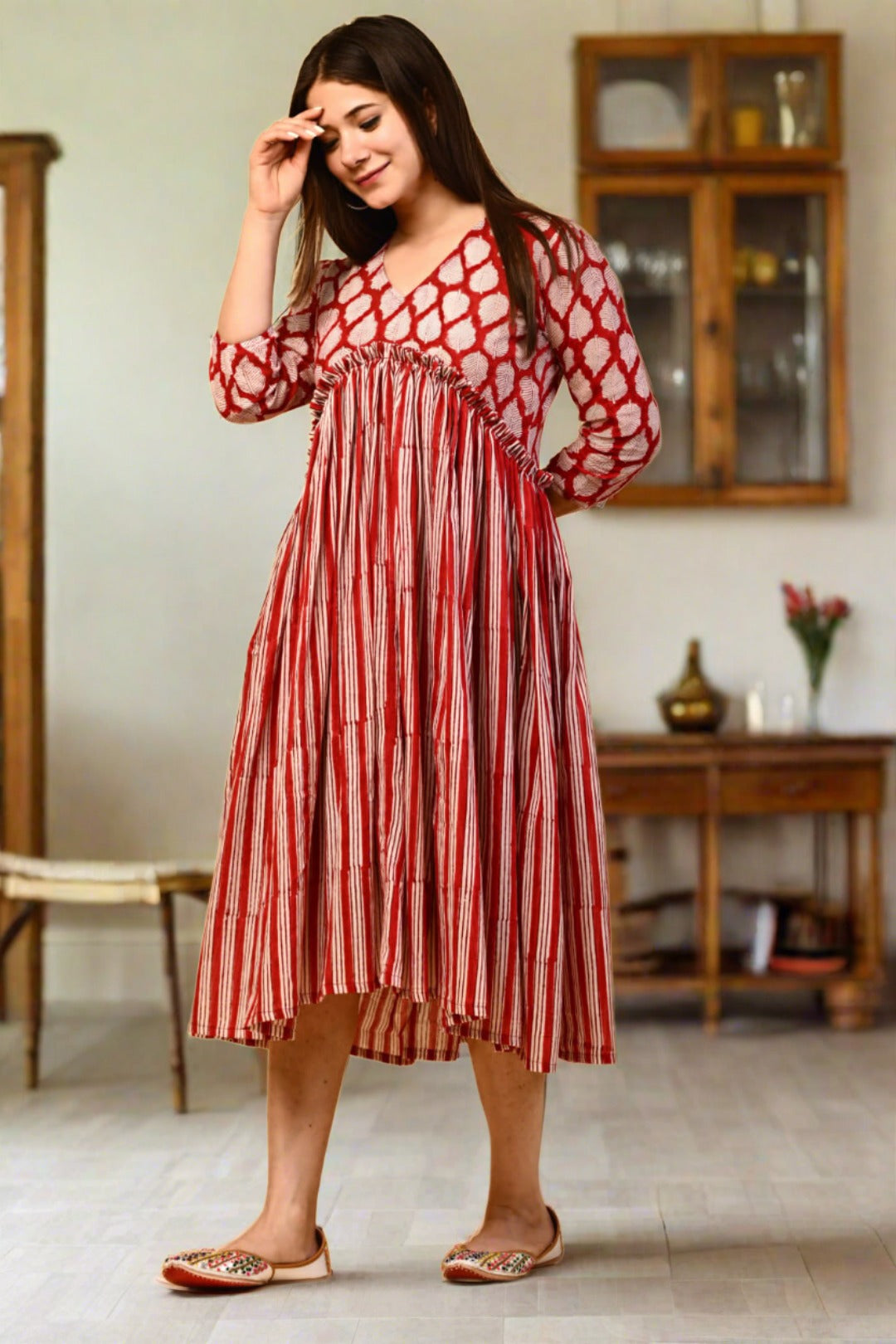 Buy Apple Red Color Cotton Blockprinted Draped Flared Dress by Designer  TJORI for Women online at Kaarimarket.com