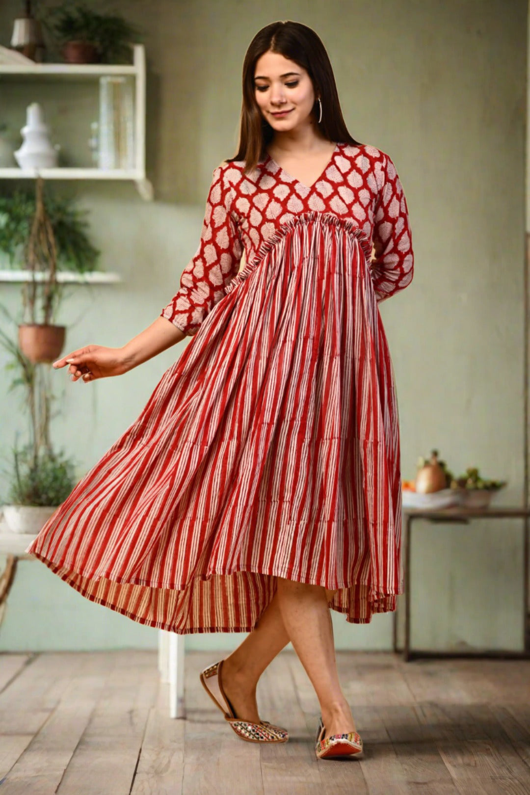 Red Cotton Hand Block Print Dress - Nakh Clothing