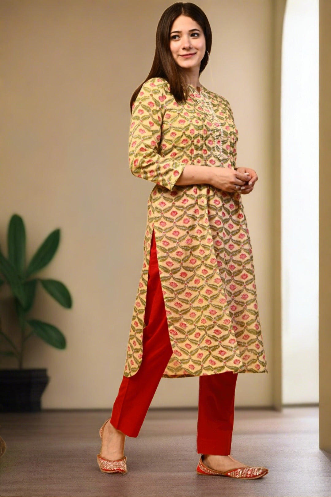 Handblock Yellow Jaal Kurta Set - Nakh Clothing