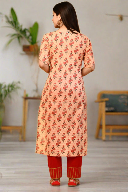 Women Peach & Red Ethnic Motifs Printed Kurta And Pant Set