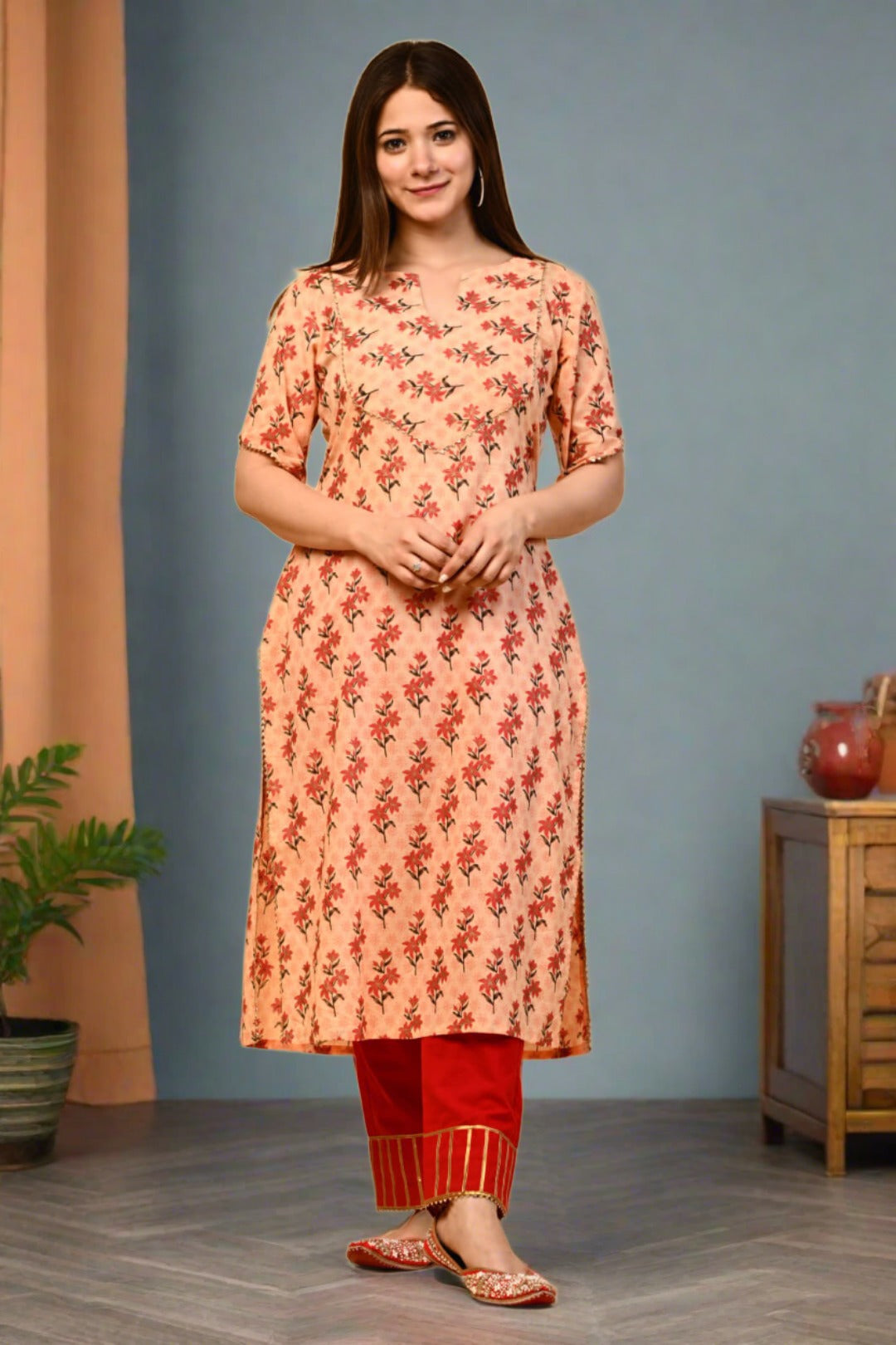 Women Peach & Red Ethnic Motifs Printed Kurta And Pant Set