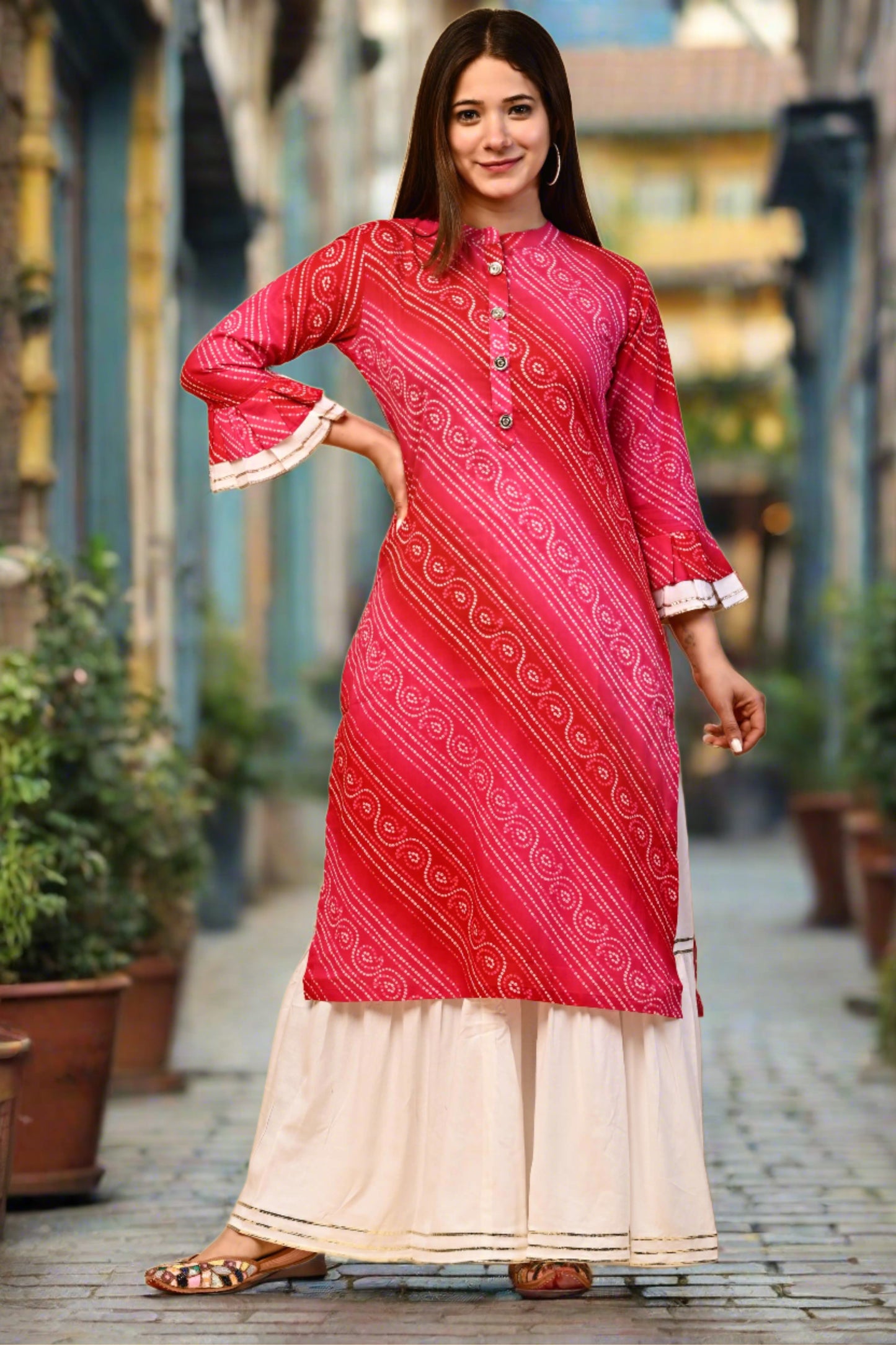 Women Ethnic Bandhej Kurti with Skirt Set