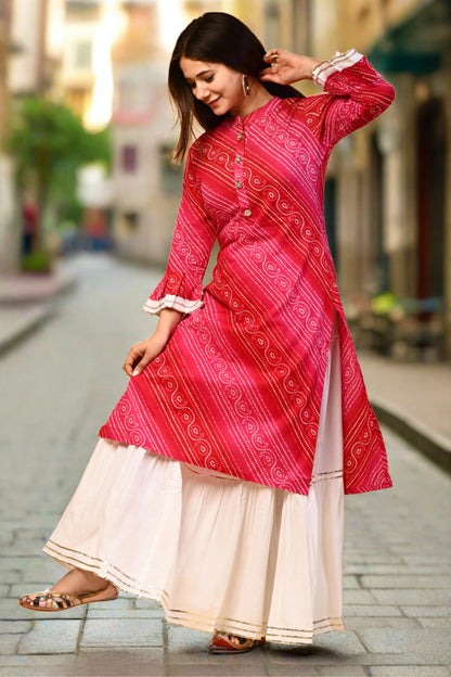 Women Ethnic Bandhej Kurti with Skirt Set