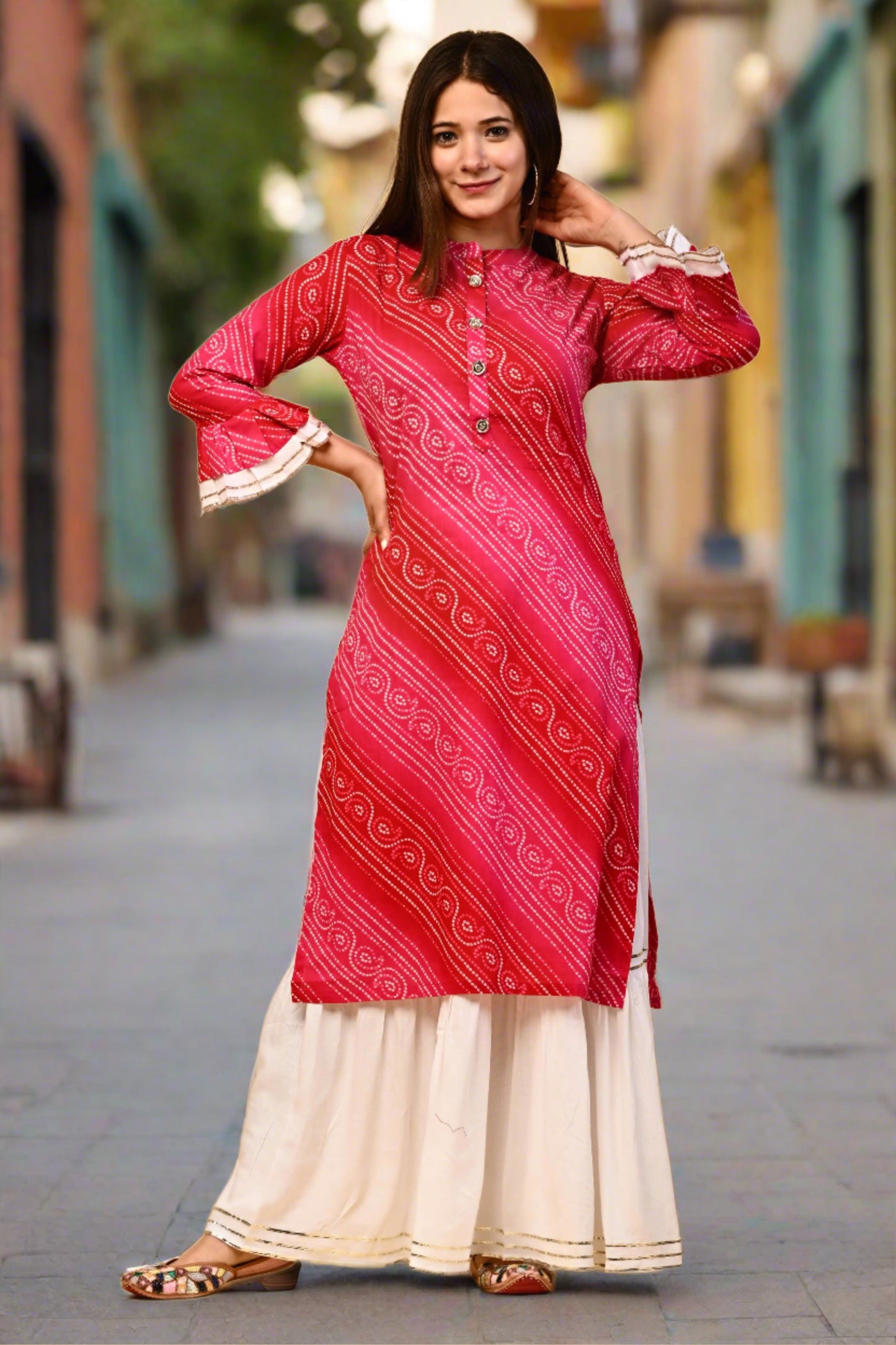 Women Ethnic Bandhej Kurti with Skirt Set