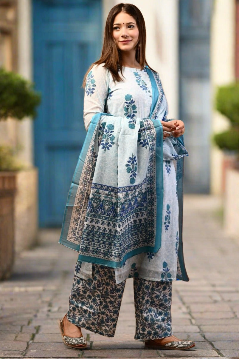 Gorgeous White Blue Printed Cotton Suit Set